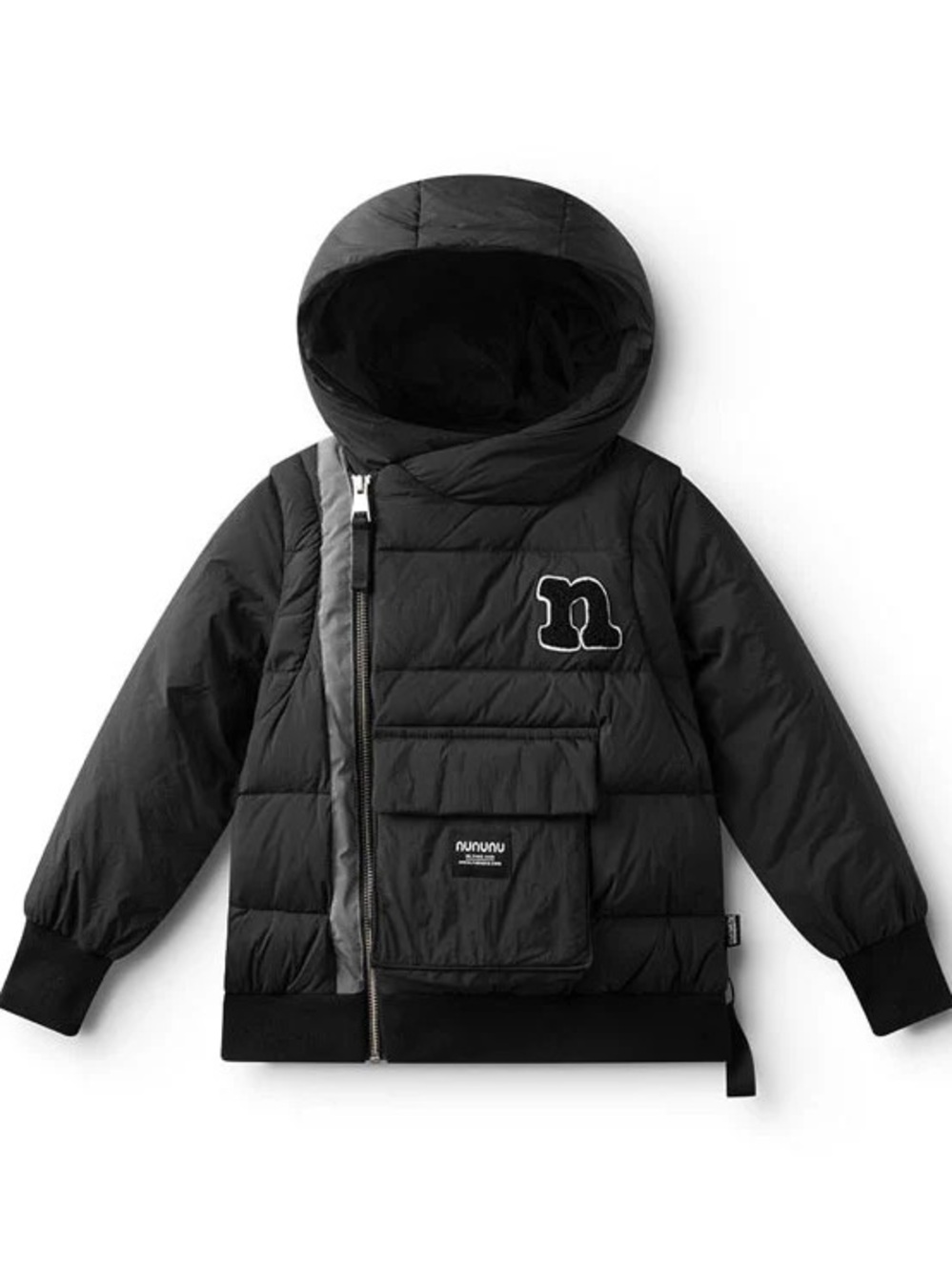 nununu Black Hooded Puffer Jacket with 'n' Patch with removable arms. 2-3 year